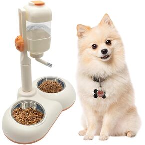 Fhiny Dog Water Feeder Bottle with Stand, Double Bowl Adjustable Automatic Dispenser Water Food for Kennel Leak-Proof No-Drip Pet Slow Water Bottle for Indoor Puppy Durable Drinker (White, 29 oz)