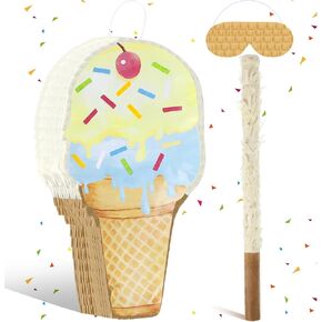 Ice Cream Piñata Ice Cream Cone Shaped Piñata with Stick Blindfold for Kids Birthday Summer Candy Theme Girls Baby Shower Beach Wedding Party Supplies Decorations, 15.8 x 9.5 Inch(Khaki)