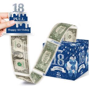 18th Birthday Decorations for Boys - 18th Birthday Money Box Cash Gifts for Boys Girls - 18th Birthday Gifts Surprise Money Gift Boxes for Cash with Pull Out, Blue Silver 18th Bday Party Decor