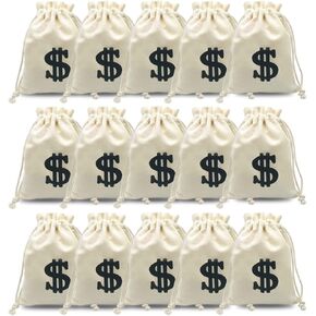 15pack 4.7 x 6.2 Inches Canvas Money Sack Bag with Dollar Sign Money Bags Decor with Drawstring for Bank Robber Pirate Cowboy Cosplay Children Toys Birthday Party Favor Supplies