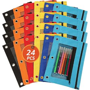 SHUESS 24 Pack Pencil Pouch for 3 Ring Binder, Bulk 3 Holes Zipper Pencil Pouches in 6 Assorted Colors, Durable Binder Pencil Pouch/Bag for Office Supplies