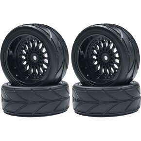 64mm Rubber Tires & Plastic Wheels 12mm Hex Rims Replacement Part for Redcat HPI Tamiya HSP 1/10 RC On-Road Touring Car Racing Car (Black, Offset 9mm)