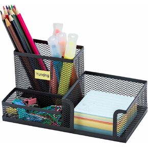 Black Mesh Pen Holder - Multipurpose Mesh Desk Organizers Large Capacity Office Supplies with Sticky Notes Holder and 3 Compartments 4 Non-slip Mats Easy Storage Suitable for School, Home