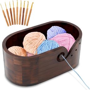 وعاء خيوط خشبي من Calidaka مع 9 مساءً خطافات حياكة ، وعاء خيوط الحياكة البيضاوي للكروشيه ، وحامل خيوط الحياكة المصنوعة يدويًا ، وعاء كروشيه تخزين الخشب للعشاق والحياكة (أسود) in Kuwait