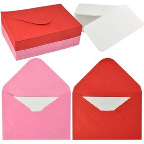 jiebor 100 Sets Mini Envelopes with White Blank Business Cards Red Pink Small Enclosure Card Mini Card Envelopes for Valentine's Day