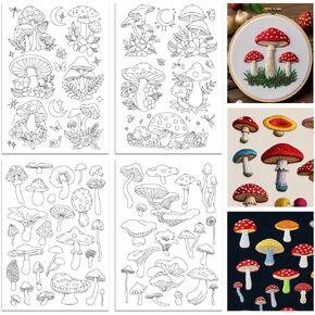ORIGACH 4 Sheets Large Water Soluble Embroidery Patterns Stabilizers - Pre-Printed Mushroom, Moon, Star & Flower Hand Sewing Stabilizers- Stick & Stitch Embroidery Patterns for Hand Sewing Beginner