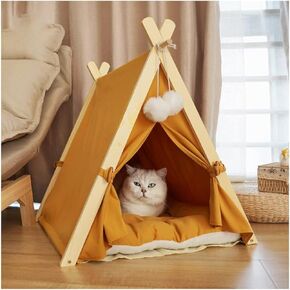 Solid Wood Cat Indoor Tent with Thick Mat,Portable Dog House Dog Teepee Tent,Cute Cat Teepee Cave Cat Bed,Dog Bed (Orange)