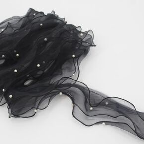2 Yards Pearl Trim Organza Lace Ribbon Ruffles Beaded Lace Edge Trim Wedding Dress Bridal Ribbon Sew On Applique Cloth Bag Hat Dress Decoration (Black,2 Yards)