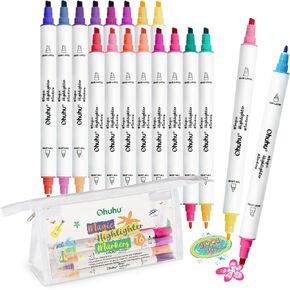 Ohuhu Markers Highlighters 16 Pack 32 Colors Dual Tips Double Colors Chisel & Fine Water-Based Highlighters Assorted Colors for Journaling Office School Supplies Bible Note Taking