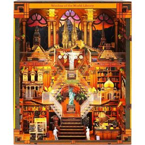 Book Nook Kits for Adults – The World Library Booknook – 3D Wooden Puzzle with LED Lights – Creative Bookshelf Insert & Educational Gift for Book Lovers & DIY Enthusiasts