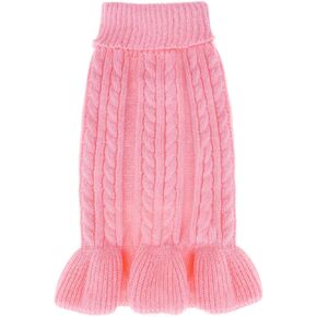 Dog Pullover Sweater for Small Dogs，Turtleneck Knitted Dress with Ruffles，Cute Knitted Pink Clothes