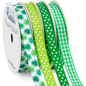 Ribbli 4 Rolls St Patricks Day Ribbon,Shamrock Ribbon Polka Dot and Green Gingham Ribbon,Use for Hair Bows,Wreath,Gift Wrapping,Party Decoration,3/8-Inch Total 40 Yards, Green White Ribbon