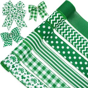 Whaline 6 Rolls 36 Yards St. Patrick's Day Wired Edge Ribbon Green Shamrock Buffalo Plaid Wave Dot Stripe Ribbon 2.4in Irish Burlap Craft Ribbon for Gift Wrapping Sewing Wreath DIY Craft Supplies