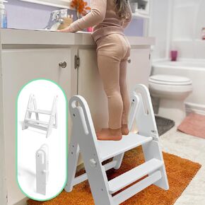 WOOD CITY Toddler Step Stool Foldable for Bathroom Sink, Adjustable 2 Step Stool Toilet Potty Training Stool with Handles,Child Kitchen Counter Stool Helper, Montessori Kitchen Stools (White)