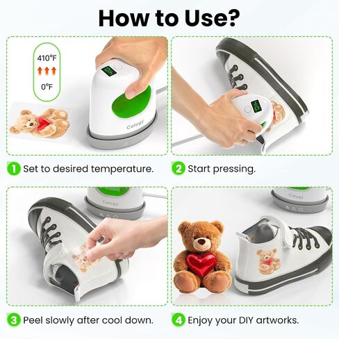 Calogy Super Mini Heat Press Machine ، Max 410 ℉ & 4 إعداد تسخين مع عرض LED ، الحديد المصغر لصياغة مع طرف دقيق ، سهل للأشياء الصغيرة مثل الأحذية والحيوانات المحشوة والقبعات (الأخضر الأبيض) in Kuwait