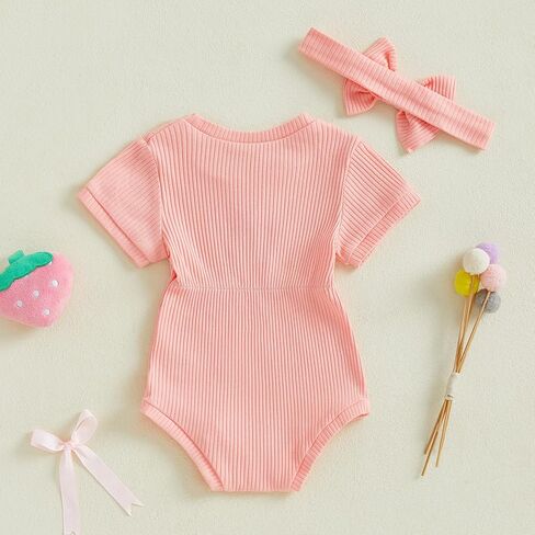 Newborn Baby Girl Clothes Summer Short Sleeve Jumpsuit Romper with Bow Headband Knit Ribbed Outfits in Kuwait