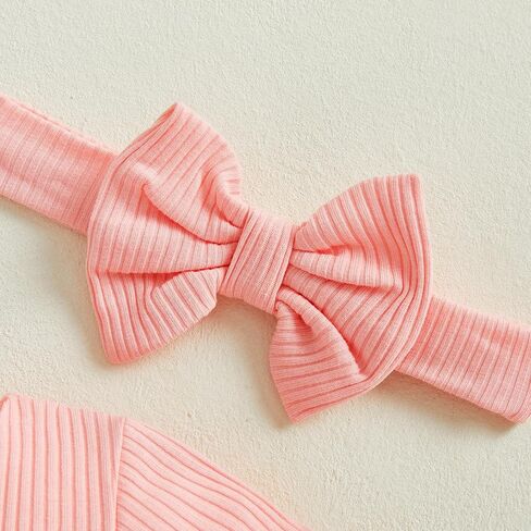 Newborn Baby Girl Clothes Summer Short Sleeve Jumpsuit Romper with Bow Headband Knit Ribbed Outfits in Kuwait