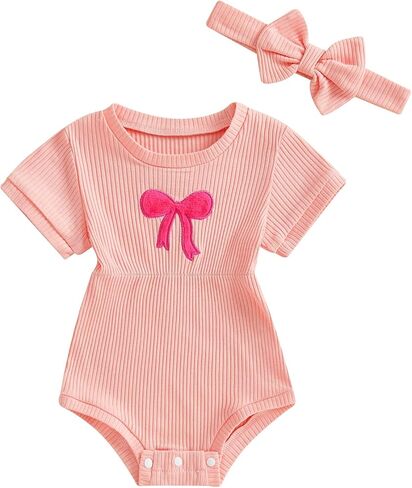 Newborn Baby Girl Clothes Summer Short Sleeve Jumpsuit Romper with Bow Headband Knit Ribbed Outfits in Kuwait