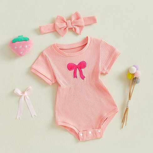 Newborn Baby Girl Clothes Summer Short Sleeve Jumpsuit Romper with Bow Headband Knit Ribbed Outfits in Kuwait