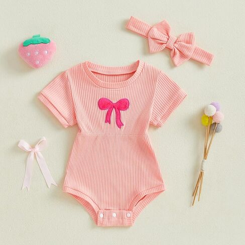 Newborn Baby Girl Clothes Summer Short Sleeve Jumpsuit Romper with Bow Headband Knit Ribbed Outfits in Kuwait