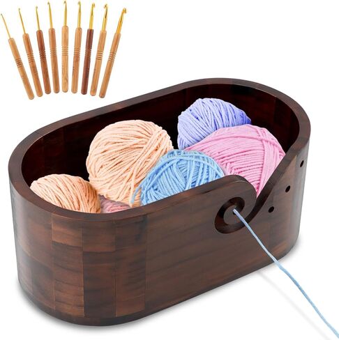 وعاء خيوط خشبي من Calidaka مع 9 مساءً خطافات حياكة ، وعاء خيوط الحياكة البيضاوي للكروشيه ، وحامل خيوط الحياكة المصنوعة يدويًا ، وعاء كروشيه تخزين الخشب للعشاق والحياكة (أسود) in Kuwait