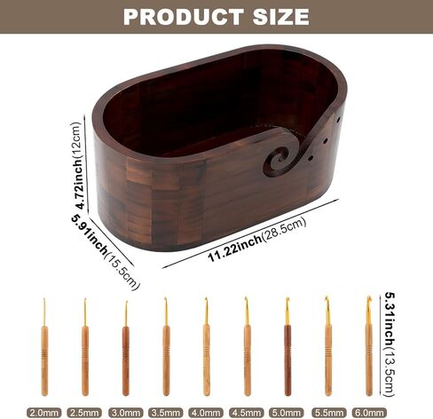 وعاء خيوط خشبي من Calidaka مع 9 مساءً خطافات حياكة ، وعاء خيوط الحياكة البيضاوي للكروشيه ، وحامل خيوط الحياكة المصنوعة يدويًا ، وعاء كروشيه تخزين الخشب للعشاق والحياكة (أسود) in Kuwait