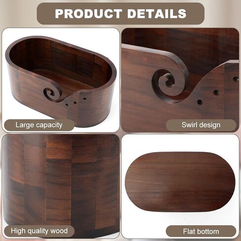 وعاء خيوط خشبي من Calidaka مع 9 مساءً خطافات حياكة ، وعاء خيوط الحياكة البيضاوي للكروشيه ، وحامل خيوط الحياكة المصنوعة يدويًا ، وعاء كروشيه تخزين الخشب للعشاق والحياكة (أسود) in Kuwait