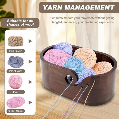 وعاء خيوط خشبي من Calidaka مع 9 مساءً خطافات حياكة ، وعاء خيوط الحياكة البيضاوي للكروشيه ، وحامل خيوط الحياكة المصنوعة يدويًا ، وعاء كروشيه تخزين الخشب للعشاق والحياكة (أسود) in Kuwait