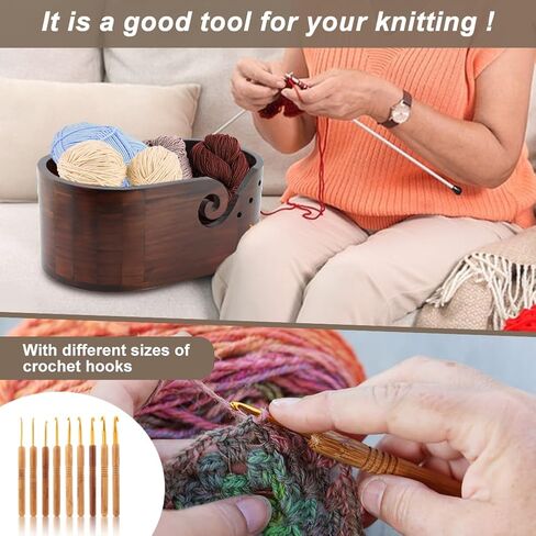 وعاء خيوط خشبي من Calidaka مع 9 مساءً خطافات حياكة ، وعاء خيوط الحياكة البيضاوي للكروشيه ، وحامل خيوط الحياكة المصنوعة يدويًا ، وعاء كروشيه تخزين الخشب للعشاق والحياكة (أسود) in Kuwait