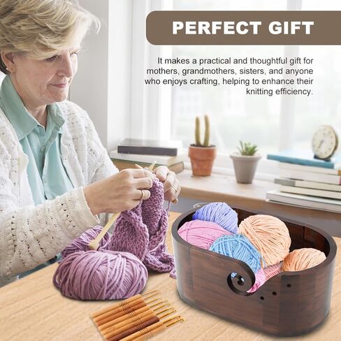 وعاء خيوط خشبي من Calidaka مع 9 مساءً خطافات حياكة ، وعاء خيوط الحياكة البيضاوي للكروشيه ، وحامل خيوط الحياكة المصنوعة يدويًا ، وعاء كروشيه تخزين الخشب للعشاق والحياكة (أسود) in Kuwait