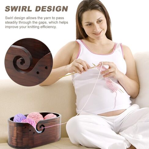 وعاء خيوط خشبي من Calidaka مع 9 مساءً خطافات حياكة ، وعاء خيوط الحياكة البيضاوي للكروشيه ، وحامل خيوط الحياكة المصنوعة يدويًا ، وعاء كروشيه تخزين الخشب للعشاق والحياكة (أسود) in Kuwait