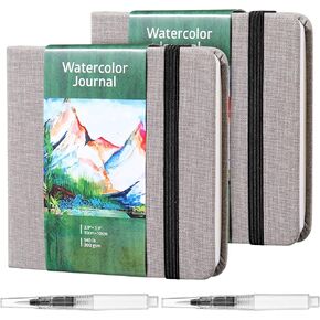 Dispowreath 2 Set Watercolor Sketchbook Journal with Watercolor Brush Pens 300 GSM Cotton Paper Portable Square Small Pocket Notebook Travel for Painters Art Supplies (3.9 x 3.9 Inch)
