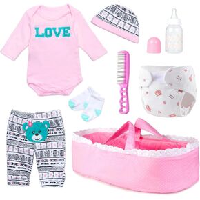 Reborn Baby Doll Clothes Girl Pink Outfits Accesories for 17-22 Inch Reborn Doll Newborn Baby Girl Accesories 8 Pcs Set with Bassinet&Diaper