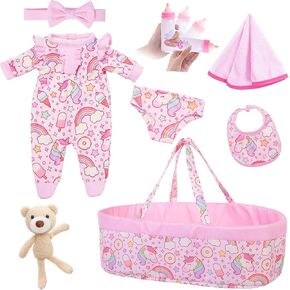 8 Pcs Baby Doll Clothes with Bassinet for 16-18 inch Baby Doll Reborn, Baby Doll Accessories Clothes Outfit Including Doll Nursing Bottle Bib Headband with Unicorn Pattern