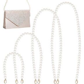 4 Pcs Pearl Purse Chain, Pearl Beaded Bag Chain, Pearl Short Long Handle Shoulder Crossbody Bag, Handbag Strap for Creamy White Handbag Chain Accessories Bag Chain Charms With Metal Buckle