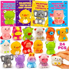 24PCS Fidget Toys Slow Rising Soft Animal Toys Valentines Day Cards for Kids School Classroom Party Favors for Kids Toddler Valentine Treats Exchange Gifts Goodie Bag Stuffers Class Prizes Bulk Gift