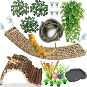 16Pcs Bearded Dragon Tank Accessories,Amphibian Habitat Decor Set,Included Reptile Hammock,Bendable Bridge,Jungle Climber Vines for Lizard Snakes,Gecko,Chameleon,Tortoise,Hermit Crab
