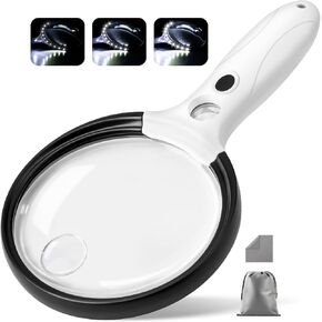 Large Magnifying Glass with Light, 10X 25X 45X Handheld Illuminated Magnifier with 3 Light Modes, 12 LED Lights, Storage Bag, Clean Cloth for Seniors Reading Coins Inspection (Black, Round)