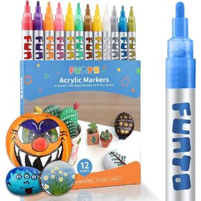 Funto Acrylic Paint Pens for Rock Painting, Fabric, Wood, Canvas, Metal, Ceramic, Glass, 12 Colors Paint Marker Set, Non-Toxic, Quick Drying