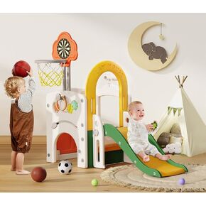 Bierum Toddler Slide Play House ، شريحة صغيرة للأطفال الصغار الذين تتراوح أعمارهم بين 1-2 ، مع طوق كرة سلة قابل للتعديل ، كرة القدم ، لوحة السهام ونافذة التسوق ، Playhouse متعددة الوظائف للمنتخب الداخلي في الهواء الطلق