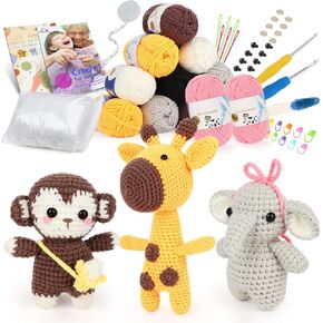 Aeelike Crochet Kit for Beginners, 3 Stuffed Animal Kits for Adults, Beginner Crochet Animal Kit with 2 Step-by-step Instruction, Cute Animal Crochet Starter Kit (Elephant, Monkey, Giraffe)