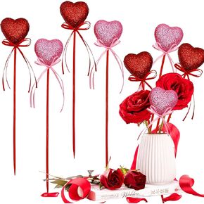 6Pcs Valentine's Day Glitter Puffy Heart Picks Foam Sparkly Sticks for Flower Arrangements Floral Bouquet Home Holiday Party Crafts Supplies Decorations