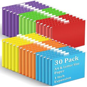 30 Pack Hanging File Folders Letter Size, Assorted A4 Hanging Folders with 1/5-Cut Adjustable Tab, 1 Inch Expansion, Extra Capacity Hanging File Folders, Perfect Office, Home, Classroom Supplies