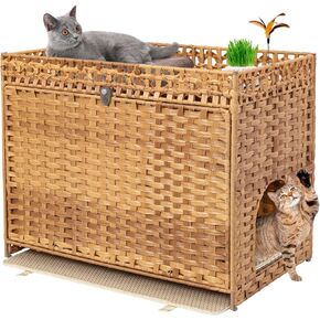 Cat Litter Box Enclosure Furniture Hidden with Soft Mat,Handwoven Rattan Cat House with Door for Large Cats Stylish Hidden Washroom Furniture for Living Room, Bedroom, or Balcony,Natural