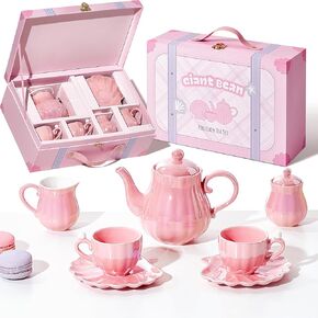Giant bean Porcelain Tea Set, Pearl Pink Real Tea Party Set for Little Girls, British Royal Princess Series Teapot & Cup & Saucer & Sugar Bowl & Suitcase, for Little Kids Toddlers