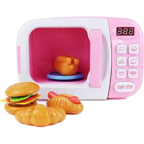 Boley Pink Microwave Playset - 11 Pc Light & Sound Pretend Play Kitchen Toys Set with Play Food for Kids Ages 3+