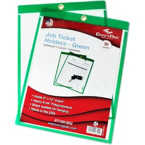 EnvyPak Job Ticket Holders - 9"x12" - Pack of 30 (Green) Top-Loading with Eyelet for Hanging