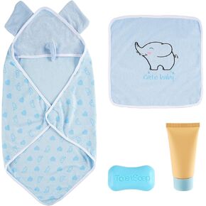 BABESIDE Reborn Baby Doll Blanket with Doll Bath Set for 17-24 Inch Dolls, Happy Bath Time Baby Doll Accessories, Baby Doll Swaddle Blanket for Reborn Dolls, Blue Doll Clothes Bath Blanket