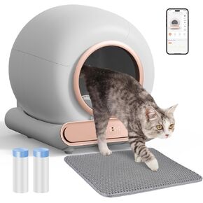 Self Cleaning Cat Litter Box, Smart Automatic Cat Litter Box with Safety Protection/65L+9L Large Capacity/APP Control/Anti-Pinch for Multiple Cats - Champagne