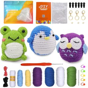 Eugioove Crochet Kit for Beginners,3 Pattern Animals-Owl, Penguin, Frog,Knitting Kit for Adult Kids with Step-by-Step Video Tutorials, Instructions and Yarns, Hook (Orange)